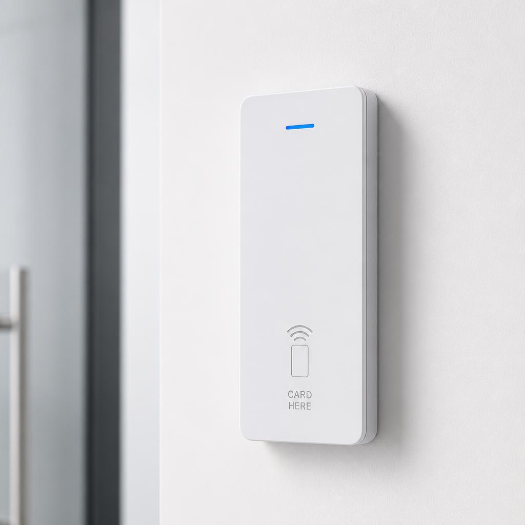 Lecteur de badge de proximité Paxton Net2 installé sur une porte d'entreprise par SEP CONCEPT à Saint-Bonnet-de-Mure