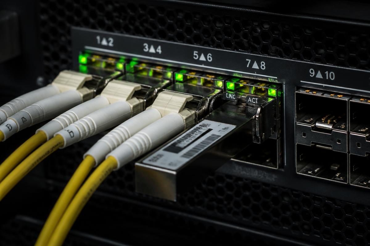 Jarretières LC et module SFP raccordés sur les ports d'un switch réseau