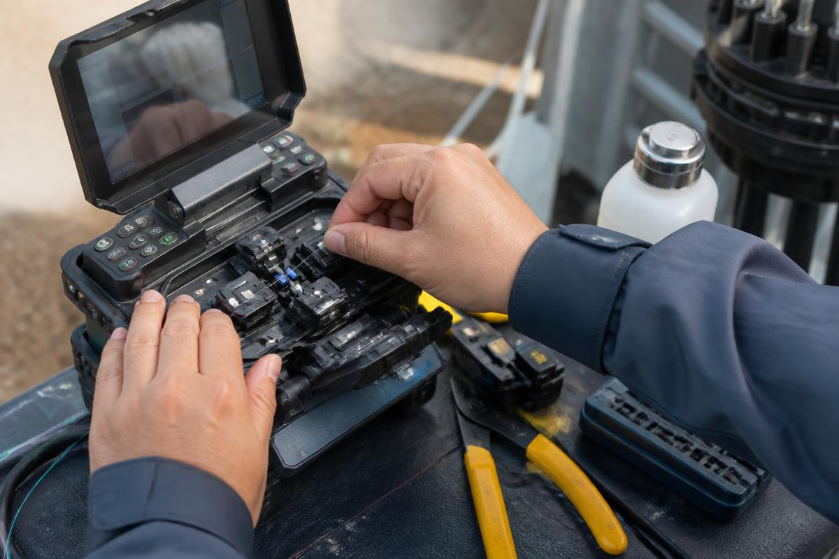 Technicien réalisant une soudure par fusion de fibre optique sur site